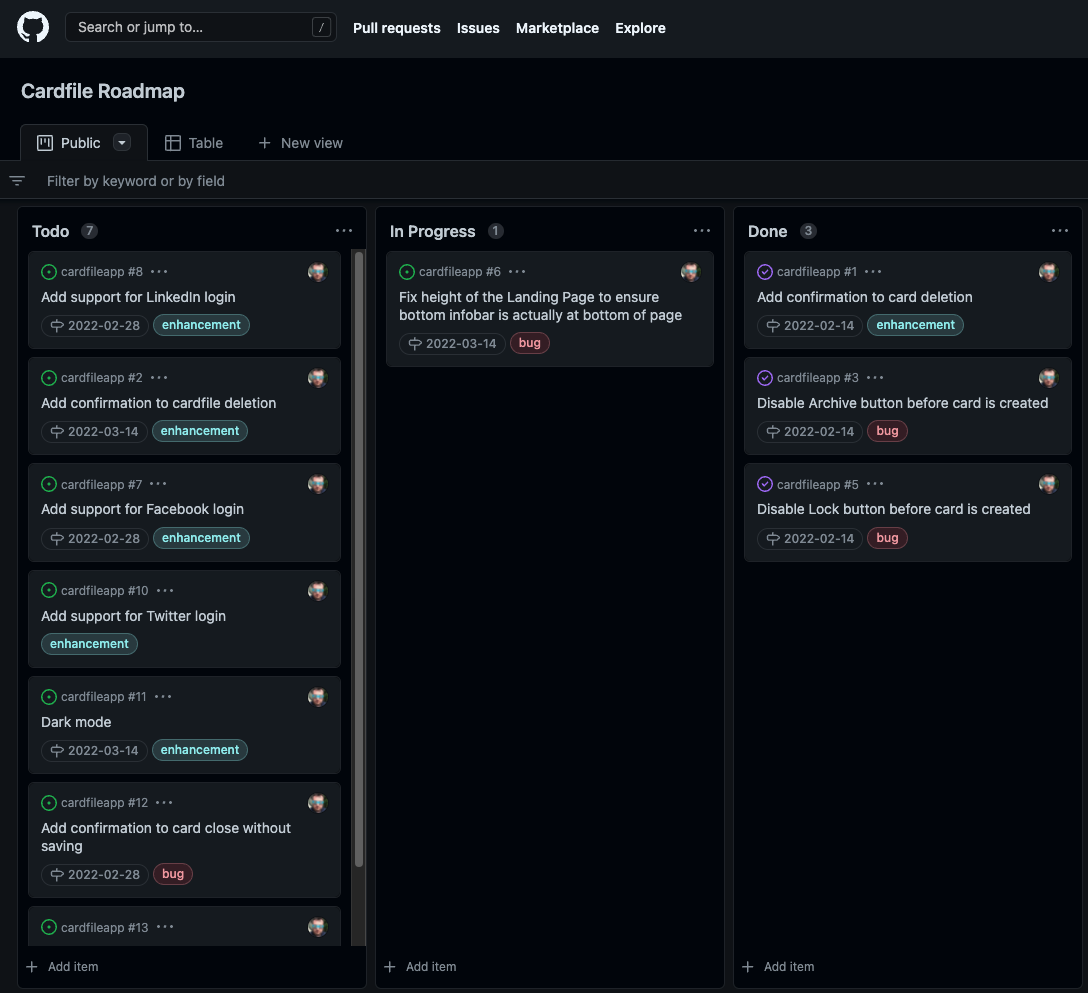 Screenshot of the roadmap Cardfile Screen
